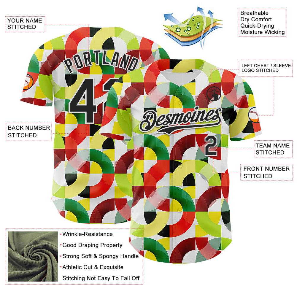 Custom White Black Red Yellow-Green 3D Pattern Design Black History Month Abstract Geometric Authentic Baseball Jersey view 3