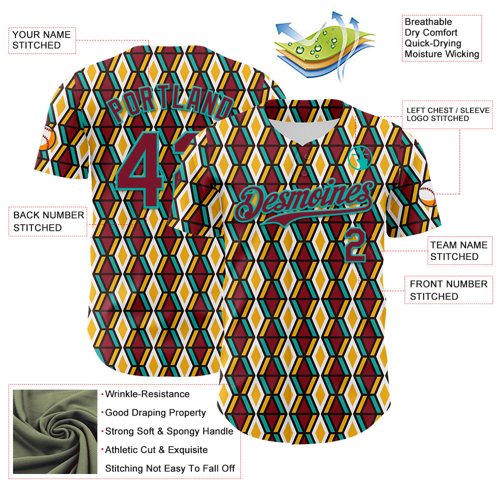Custom White Crimson Yellow-Aqua 3D Pattern Design Black History Month Abstract Geometric Authentic Baseball Jersey view 3