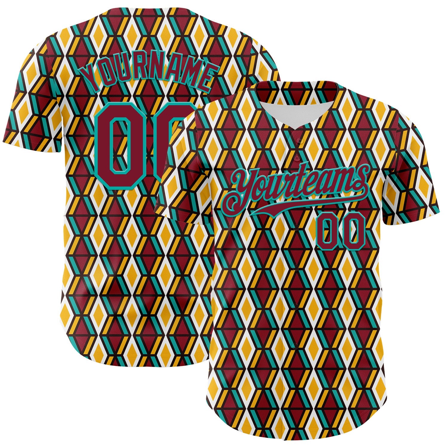 Custom White Crimson Yellow-Aqua 3D Pattern Design Black History Month Abstract Geometric Authentic Baseball Jersey - Main View