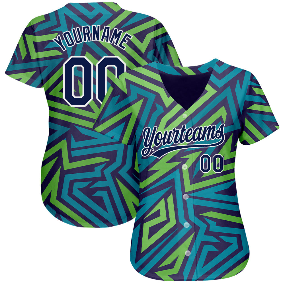 Custom Teal Navy-Kelly Green 3D Pattern Design Authentic Baseball Jersey view 2