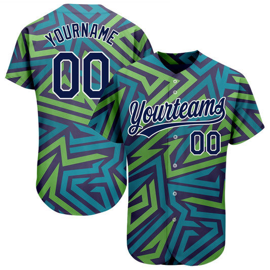 Custom Teal Navy-Kelly Green 3D Pattern Design Authentic Baseball Jersey - Main View