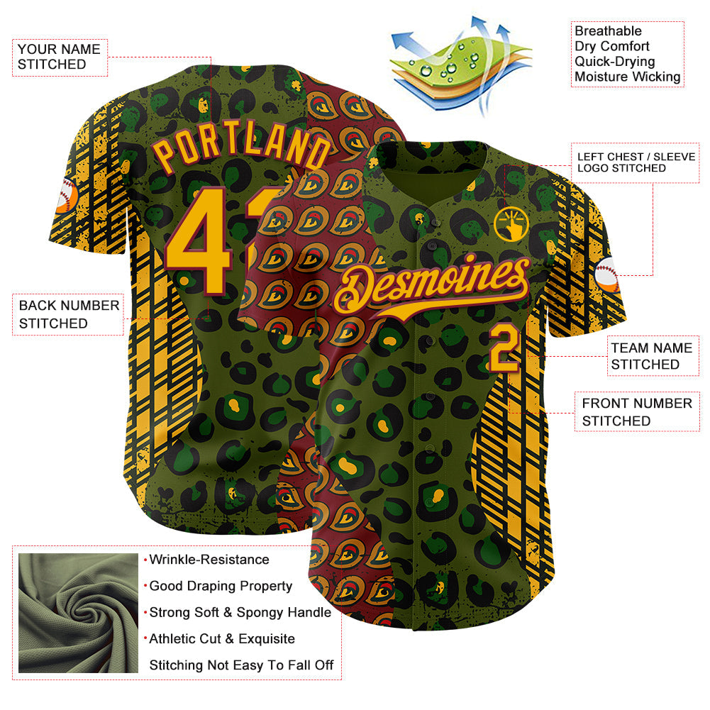 Custom Green Gold Crimson-Black 3D Pattern Design Black History Month African Ethnicity Style Animal Print Authentic Baseball Jersey view 3