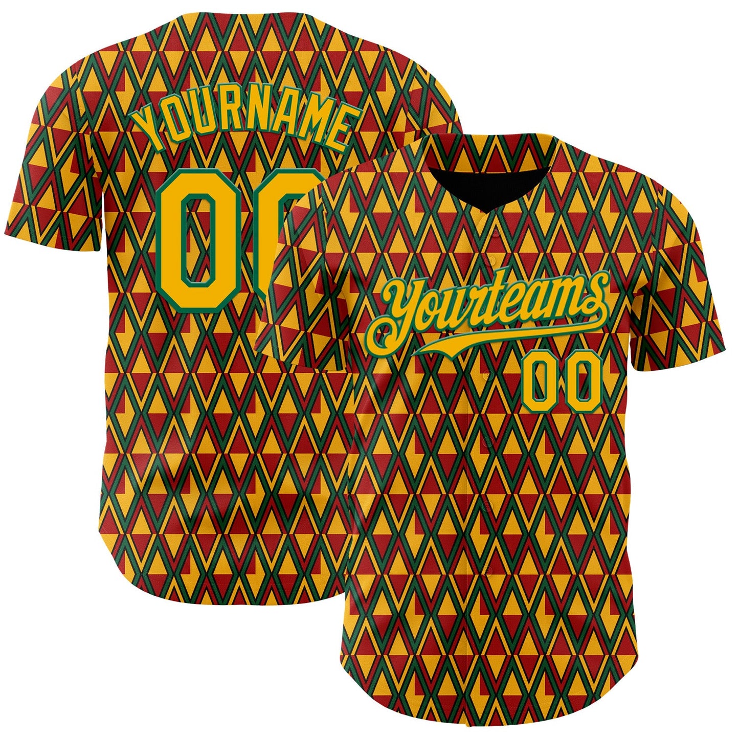 Custom Red Gold Kelly Green-Black 3D Pattern Design Black History Month Abstract Geometric Authentic Baseball Jersey - Main View