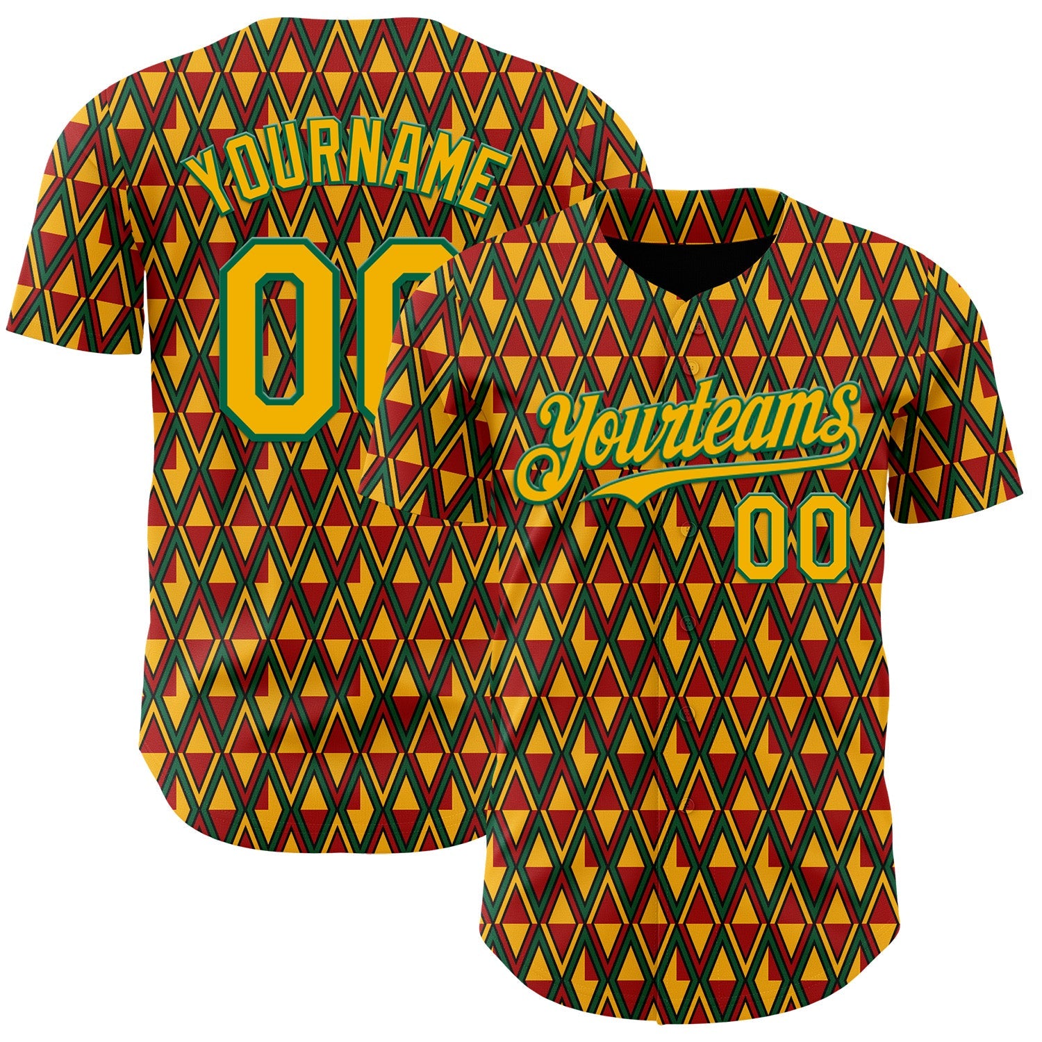Custom Red Gold Kelly Green-Black 3D Pattern Design Black History Month Abstract Geometric Authentic Baseball Jersey - Main View