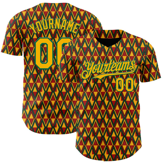 Custom Red Gold Kelly Green-Black 3D Pattern Design Black History Month Abstract Geometric Authentic Baseball Jersey - Main View