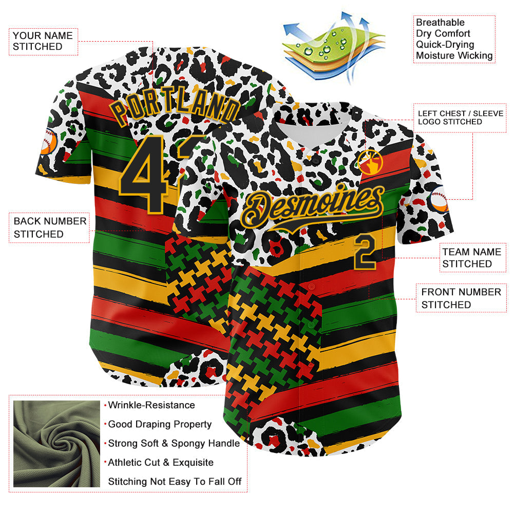 Custom White Black Red Green-Gold 3D Pattern Design Black History Month Abstract Geometric Animal Print Authentic Baseball Jersey view 3