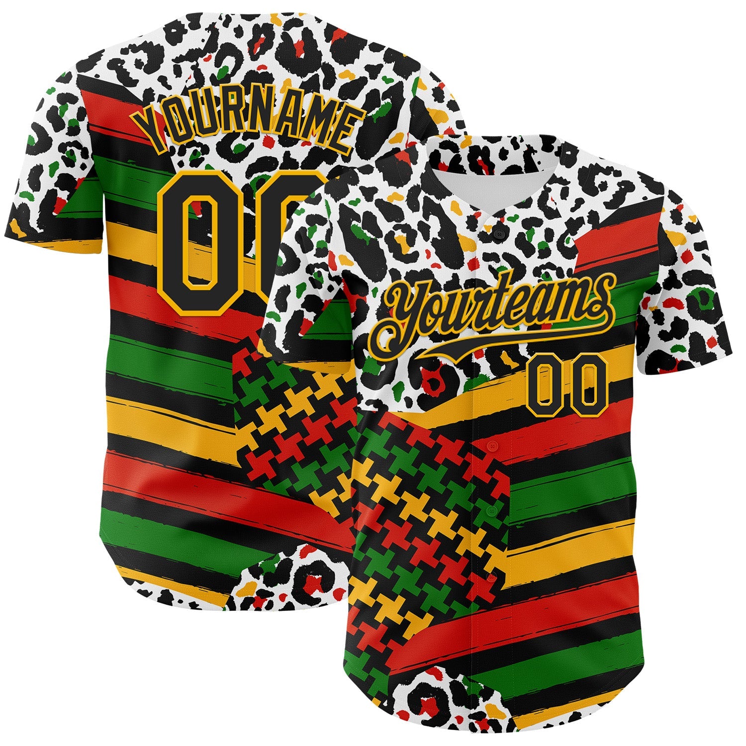Custom White Black Red Green-Gold 3D Pattern Design Black History Month Abstract Geometric Animal Print Authentic Baseball Jersey - Main View