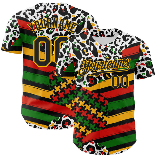 Custom White Black Red Green-Gold 3D Pattern Design Black History Month Abstract Geometric Animal Print Authentic Baseball Jersey - Main View