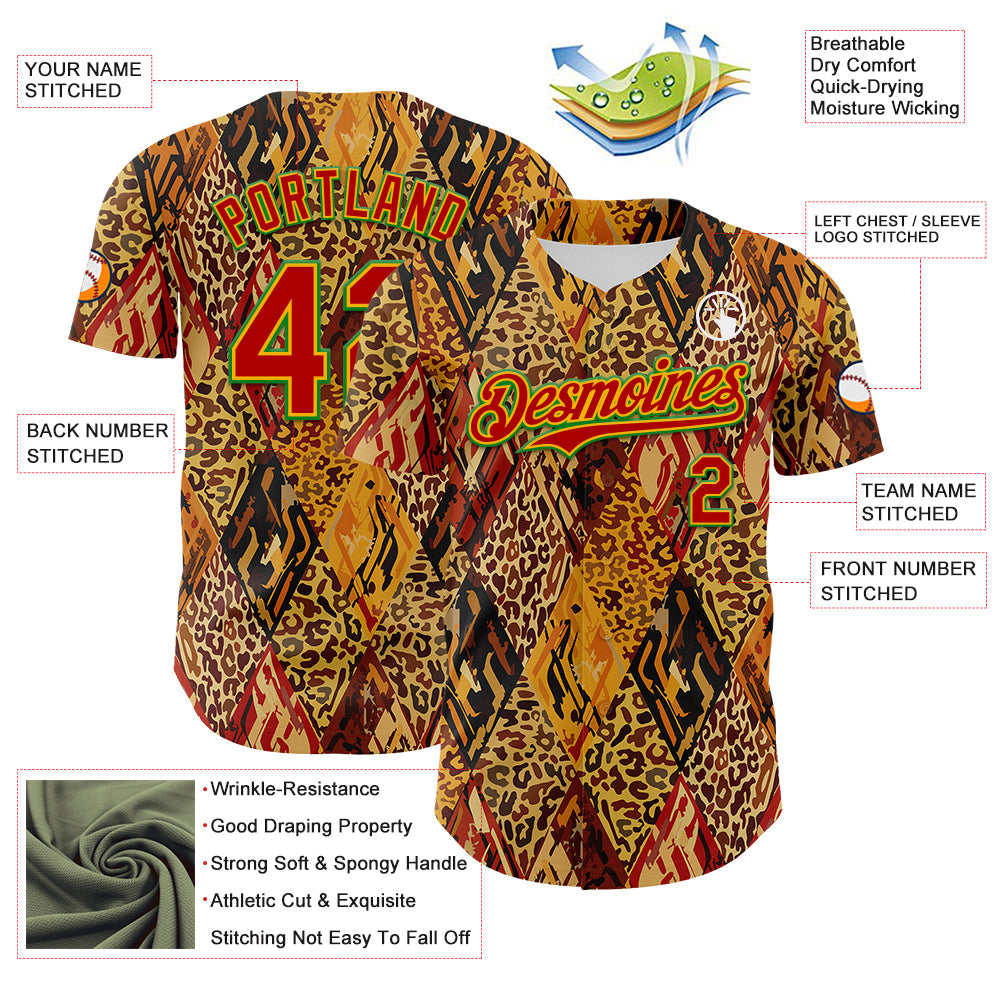 Custom Brown Red Gold-Grass Green 3D Pattern Design Black History Month Animal Print Authentic Baseball Jersey view 3