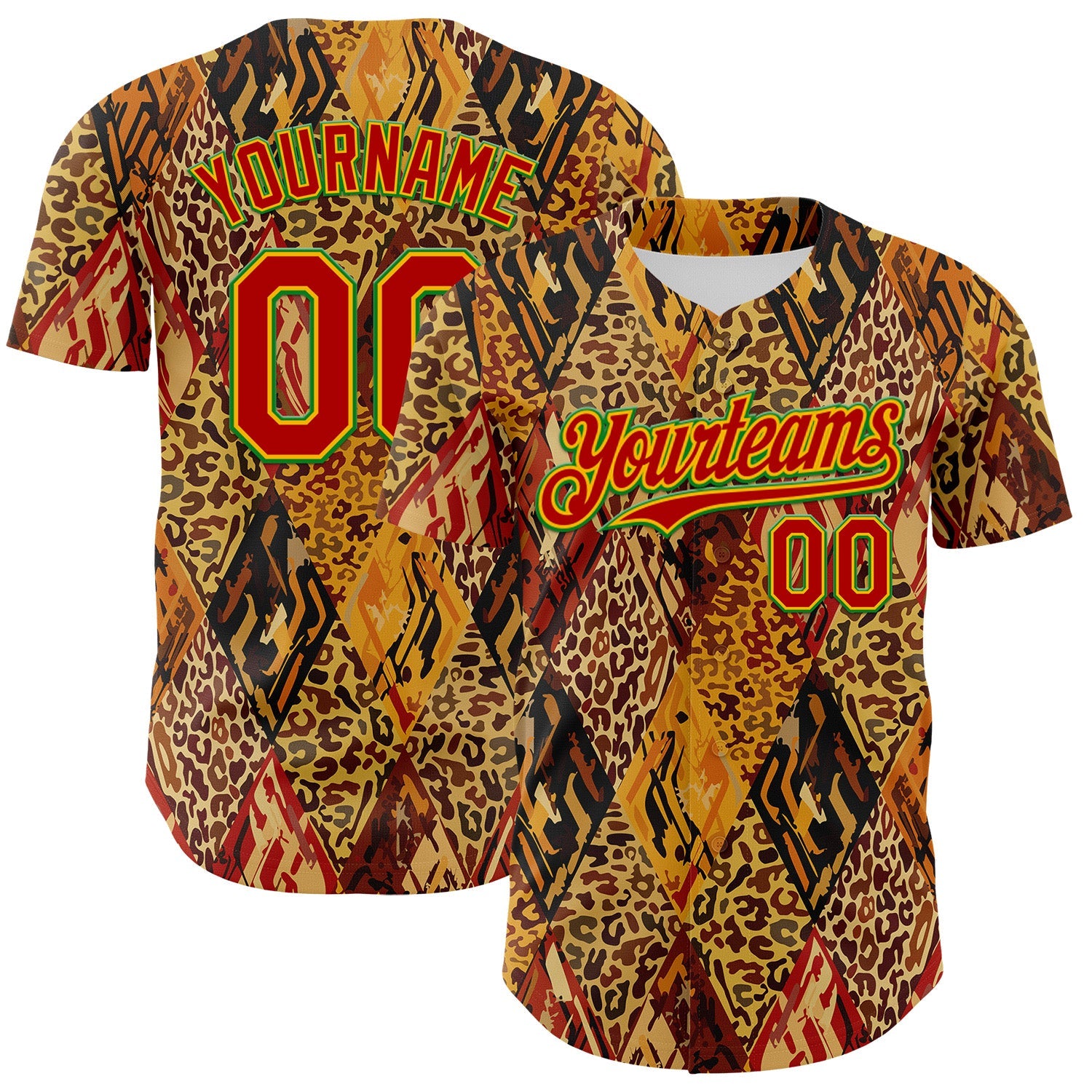 Custom Brown Red Gold-Grass Green 3D Pattern Design Black History Month Animal Print Authentic Baseball Jersey - Main View