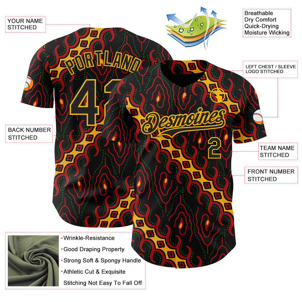 Custom Black Red Gold-Green 3D Pattern Design Black History Month Abstract Authentic Baseball Jersey view 3
