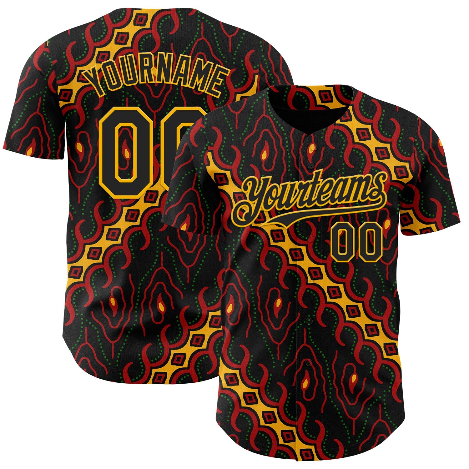 Custom Black Red Gold-Green 3D Pattern Design Black History Month Abstract Authentic Baseball Jersey - Main View