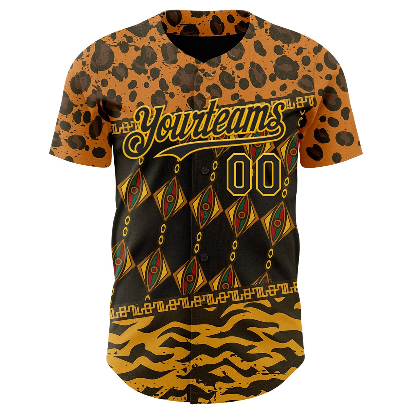 Custom Black Gold Green-Red 3D Pattern Design Black History Month African Ethnicity Style Animal Print Authentic Baseball Jersey view 2