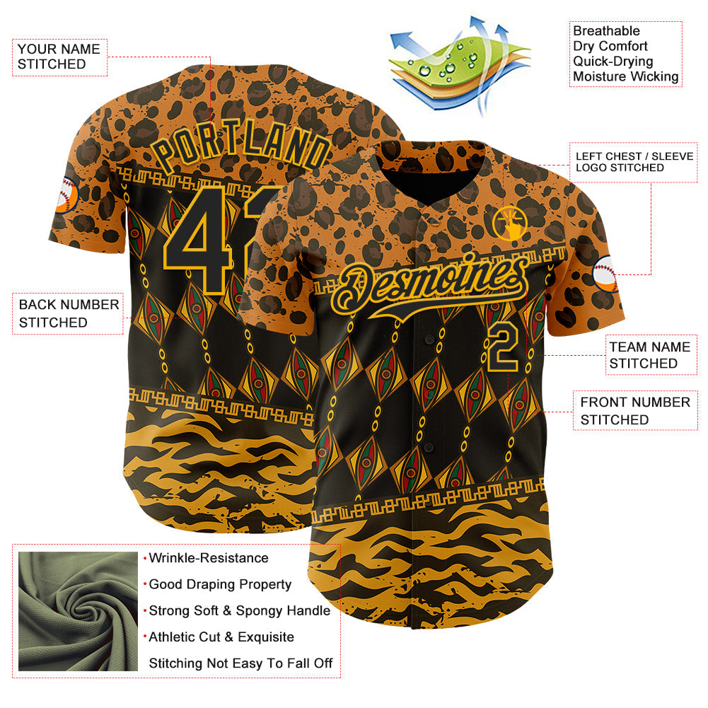 Custom Black Gold Green-Red 3D Pattern Design Black History Month African Ethnicity Style Animal Print Authentic Baseball Jersey view 3