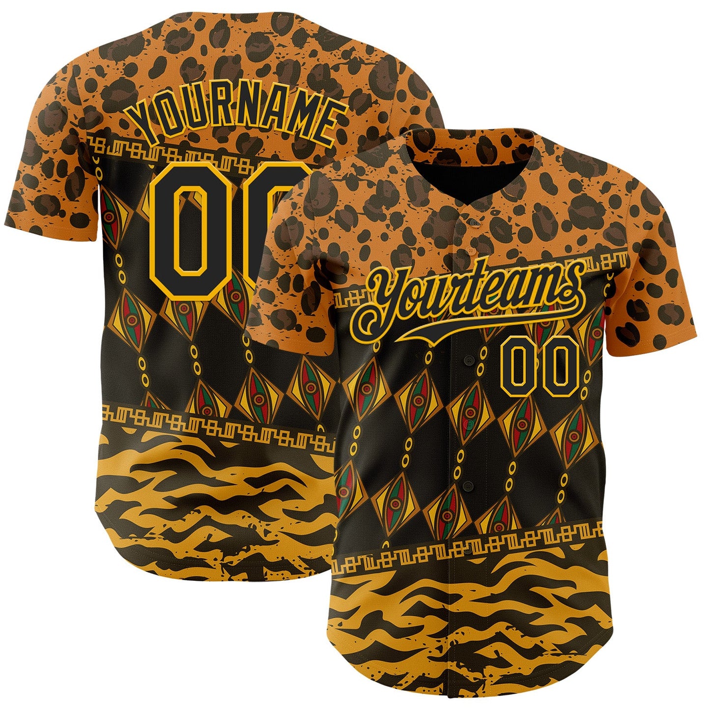 Custom Black Gold Green-Red 3D Pattern Design Black History Month African Ethnicity Style Animal Print Authentic Baseball Jersey - Main View