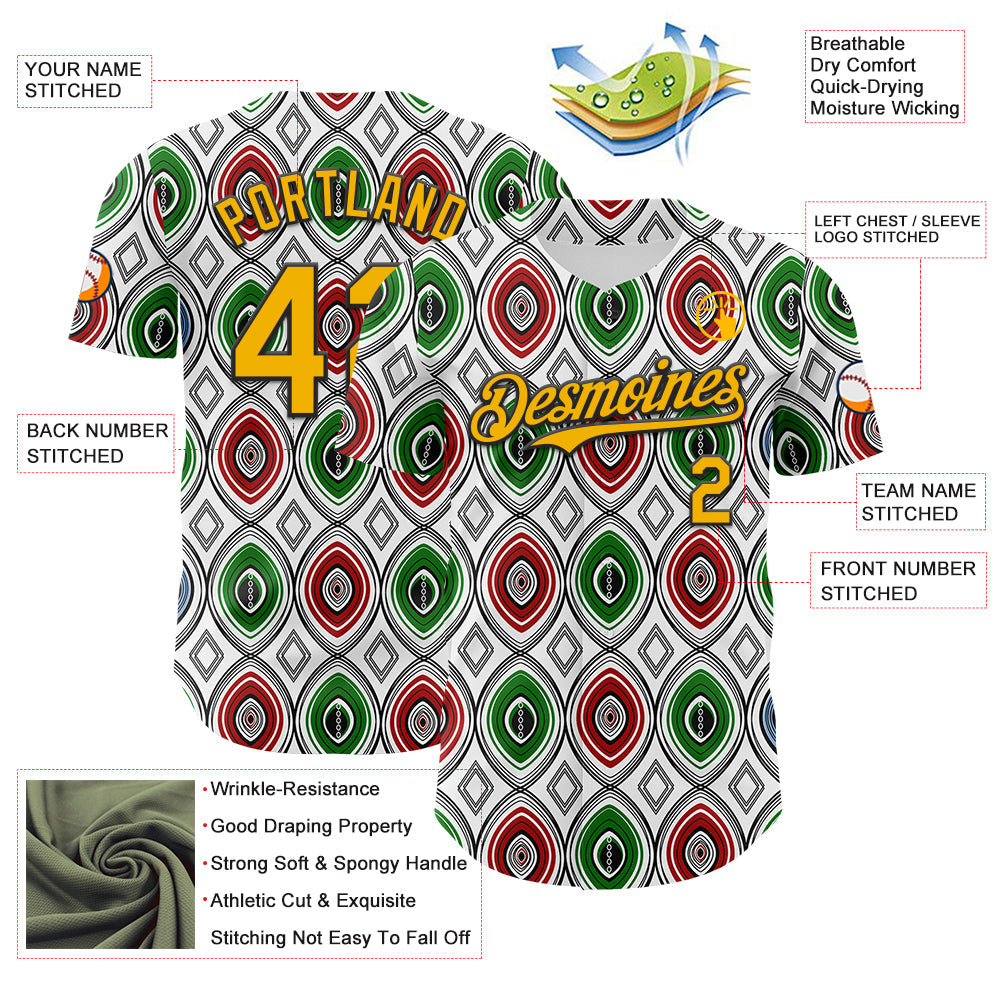 Custom White Gold Red Green-Black 3D Pattern Design Black History Month African Ethnicity Style Authentic Baseball Jersey view 3