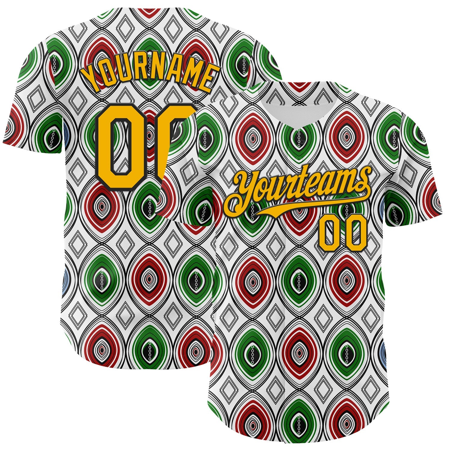 Custom White Gold Red Green-Black 3D Pattern Design Black History Month African Ethnicity Style Authentic Baseball Jersey - Main View