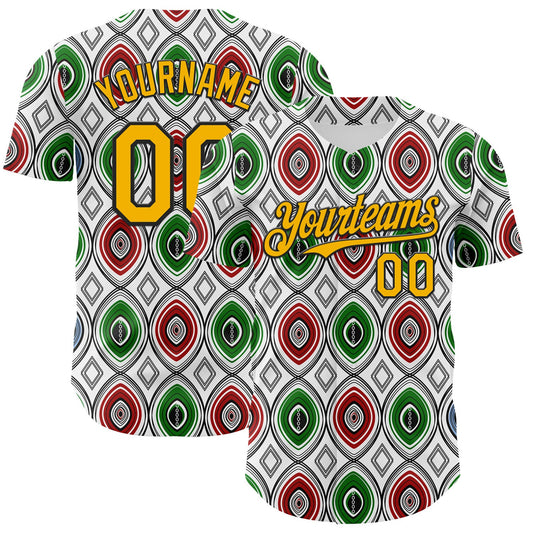 Custom White Gold Red Green-Black 3D Pattern Design Black History Month African Ethnicity Style Authentic Baseball Jersey - Main View
