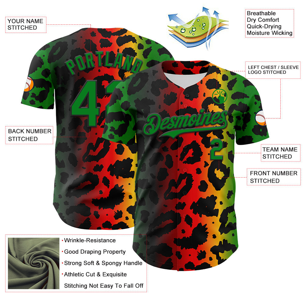 Custom Black Grass Green Yellow-Red 3D Pattern Design Black History Month African Ethnicity Style Animal Print Authentic Baseball Jersey view 3