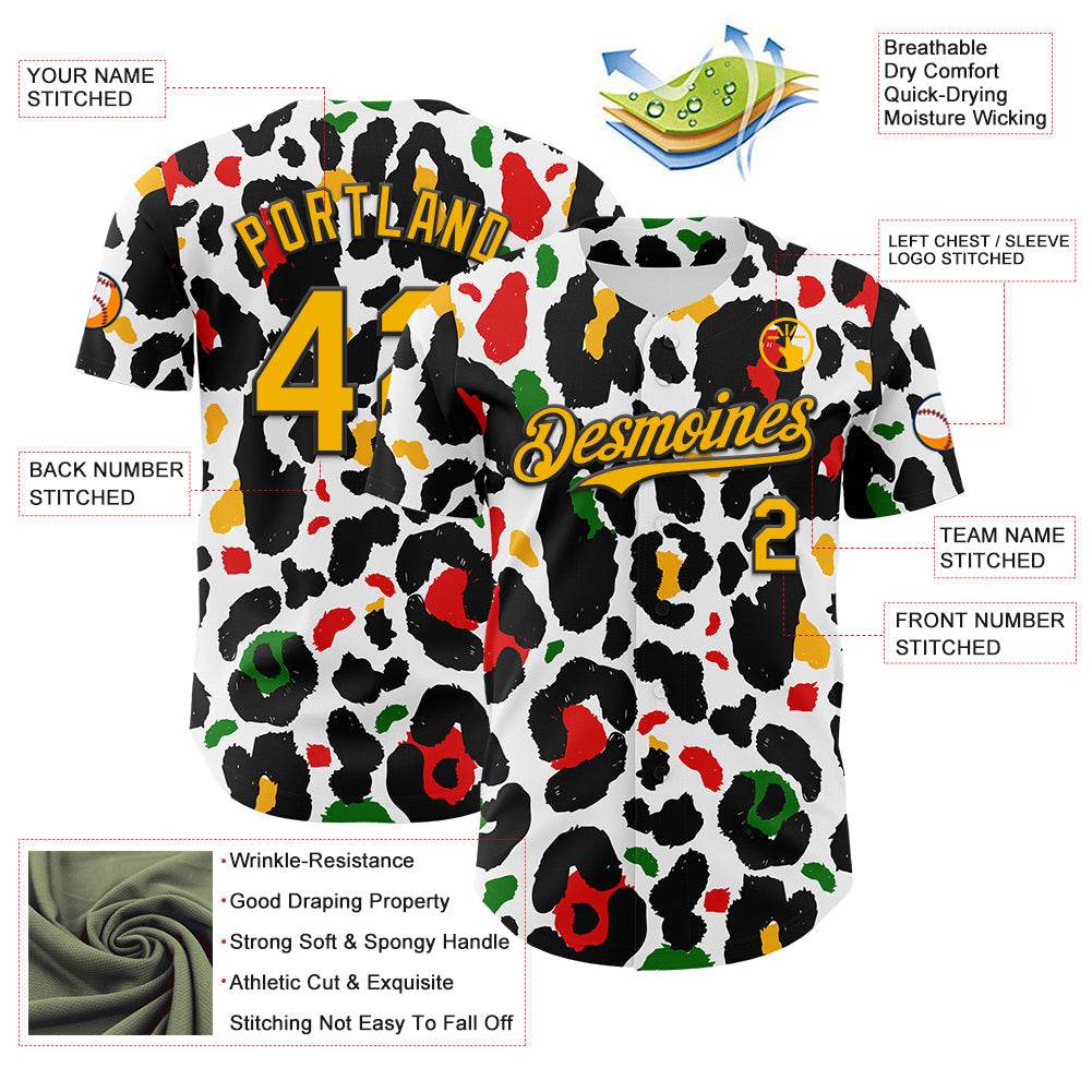 Custom White Gold Black Green-Red 3D Pattern Design Black History Month Animal Print Authentic Baseball Jersey view 3
