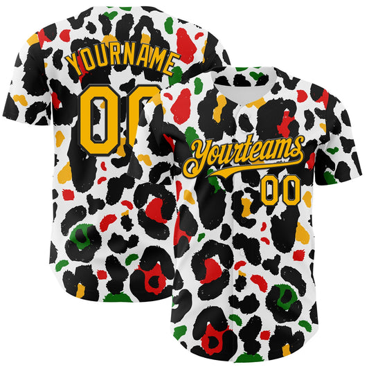 Custom White Gold Black Green-Red 3D Pattern Design Black History Month Animal Print Authentic Baseball Jersey - Main View