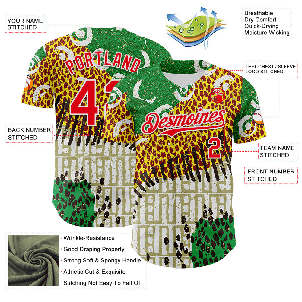 Custom White Fire Red Green Yellow-Black 3D Pattern Design Black History Month Animal Print Authentic Baseball Jersey view 3