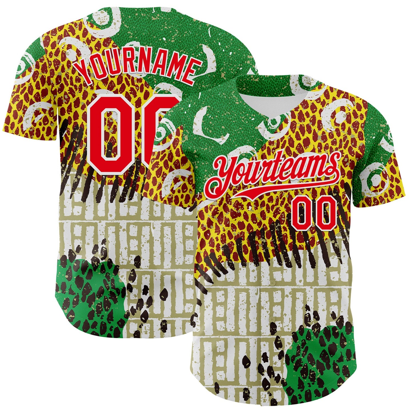 Custom White Fire Red Green Yellow-Black 3D Pattern Design Black History Month Animal Print Authentic Baseball Jersey - Main View