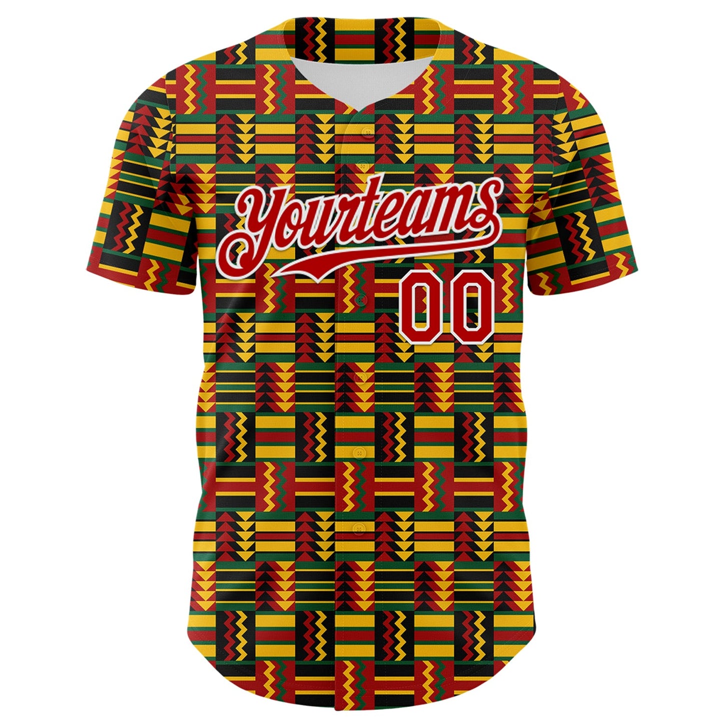 Custom Black Red Yellow Green-White 3D Pattern Design Black History Month African Ethnicity Style Abstract Geometric Authentic Baseball Jersey view 2