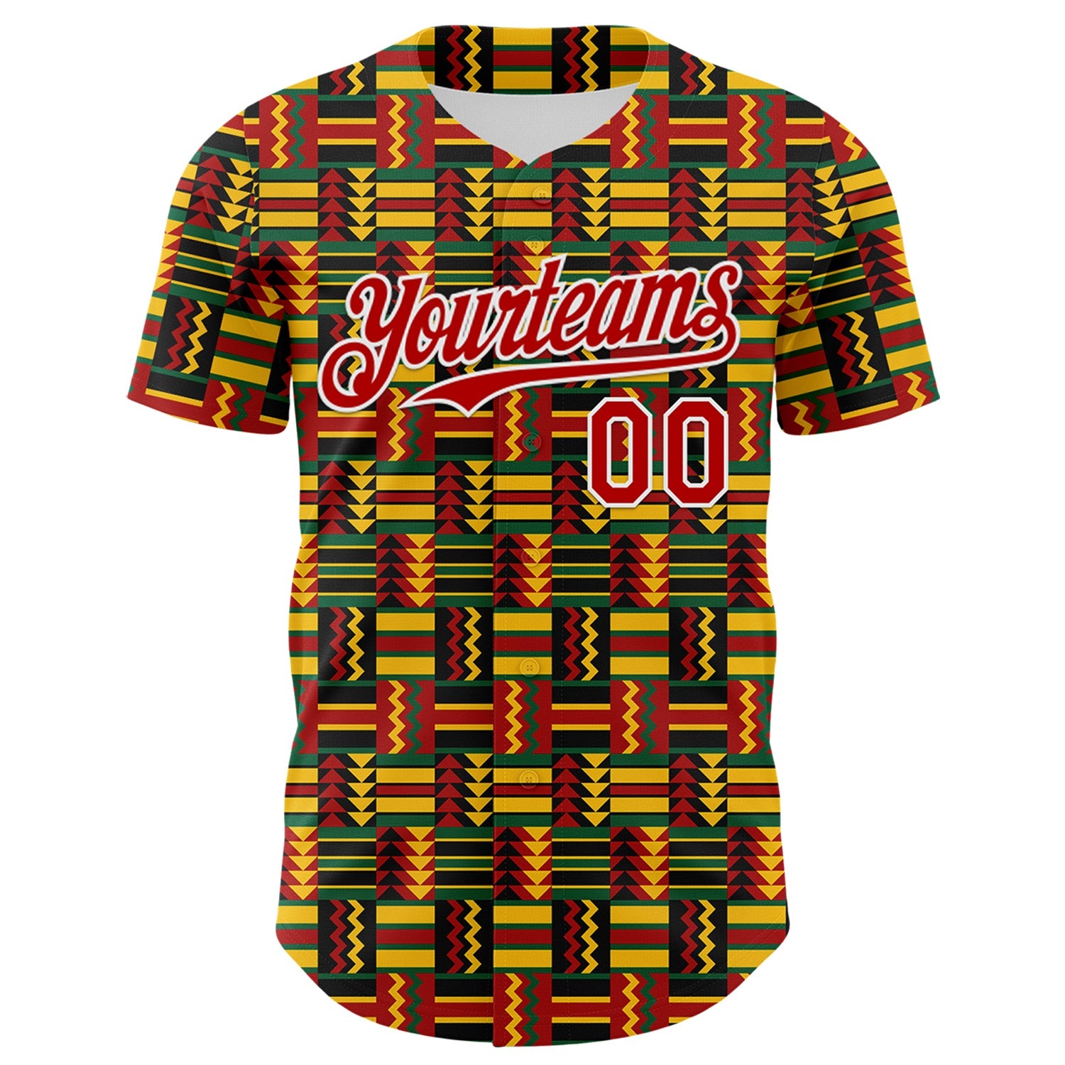 Custom Black Red Yellow Green-White 3D Pattern Design Black History Month African Ethnicity Style Abstract Geometric Authentic Baseball Jersey view 2