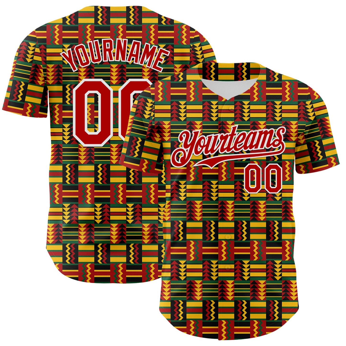 Custom Black Red Yellow Green-White 3D Pattern Design Black History Month African Ethnicity Style Abstract Geometric Authentic Baseball Jersey - Main View
