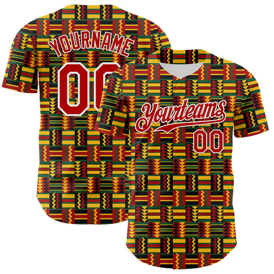 Custom Black Red Yellow Green-White 3D Pattern Design Black History Month African Ethnicity Style Abstract Geometric Authentic Baseball Jersey - Main View