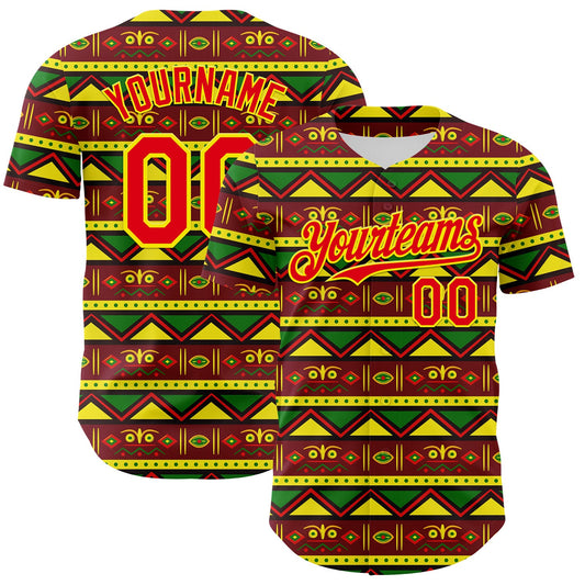 Custom Green Fire Red Light Yellow-Black 3D Pattern Design Black History Month African Ethnicity Style Abstract Geometric Authentic Baseball Jersey - Main View