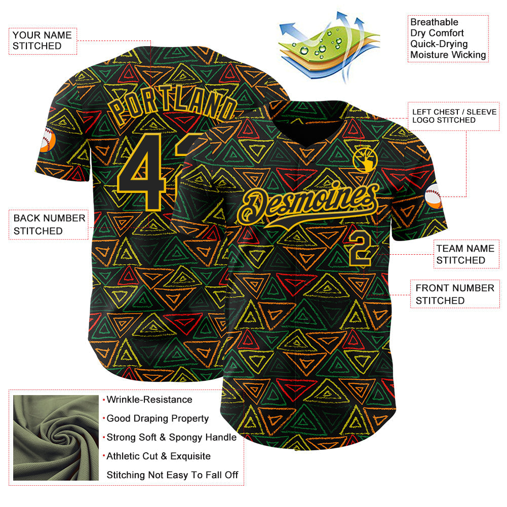 Custom Black Red Green-Yellow 3D Pattern Design Black History Month African Ethnicity Style Abstract Geometric Authentic Baseball Jersey view 3