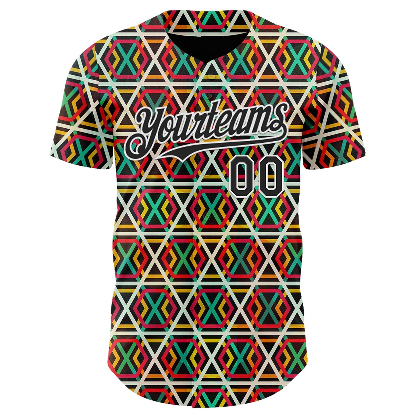 Custom Black Red Green Yellow-White 3D Pattern Design Black History Month African Ethnicity Style Abstract Geometric Authentic Baseball Jersey view 2
