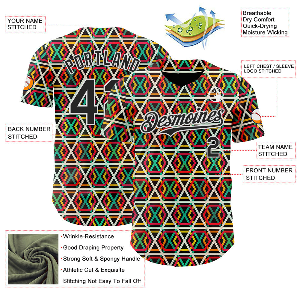 Custom Black Red Green Yellow-White 3D Pattern Design Black History Month African Ethnicity Style Abstract Geometric Authentic Baseball Jersey view 3