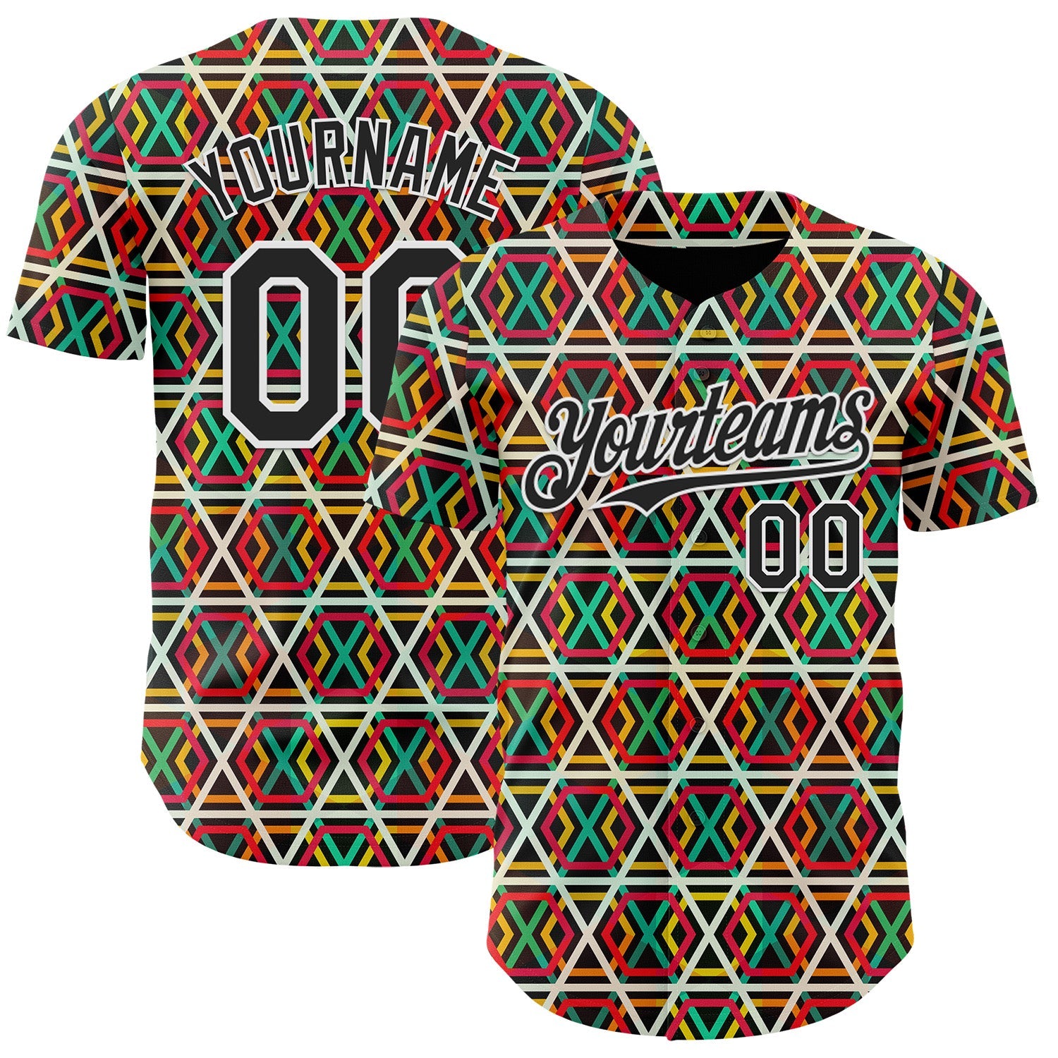 Custom Black Red Green Yellow-White 3D Pattern Design Black History Month African Ethnicity Style Abstract Geometric Authentic Baseball Jersey - Main View