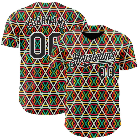 Custom Black Red Green Yellow-White 3D Pattern Design Black History Month African Ethnicity Style Abstract Geometric Authentic Baseball Jersey - Main View
