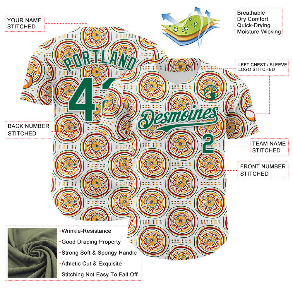 Custom White Kelly Green Yellow-Red 3D Pattern Design Black History Month African Ethnicity Style Authentic Baseball Jersey view 3