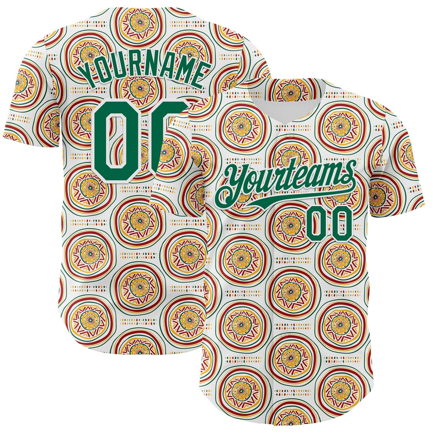 Custom White Kelly Green Yellow-Red 3D Pattern Design Black History Month African Ethnicity Style Authentic Baseball Jersey - Main View