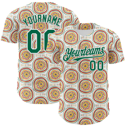 Custom White Kelly Green Yellow-Red 3D Pattern Design Black History Month African Ethnicity Style Authentic Baseball Jersey - Main View