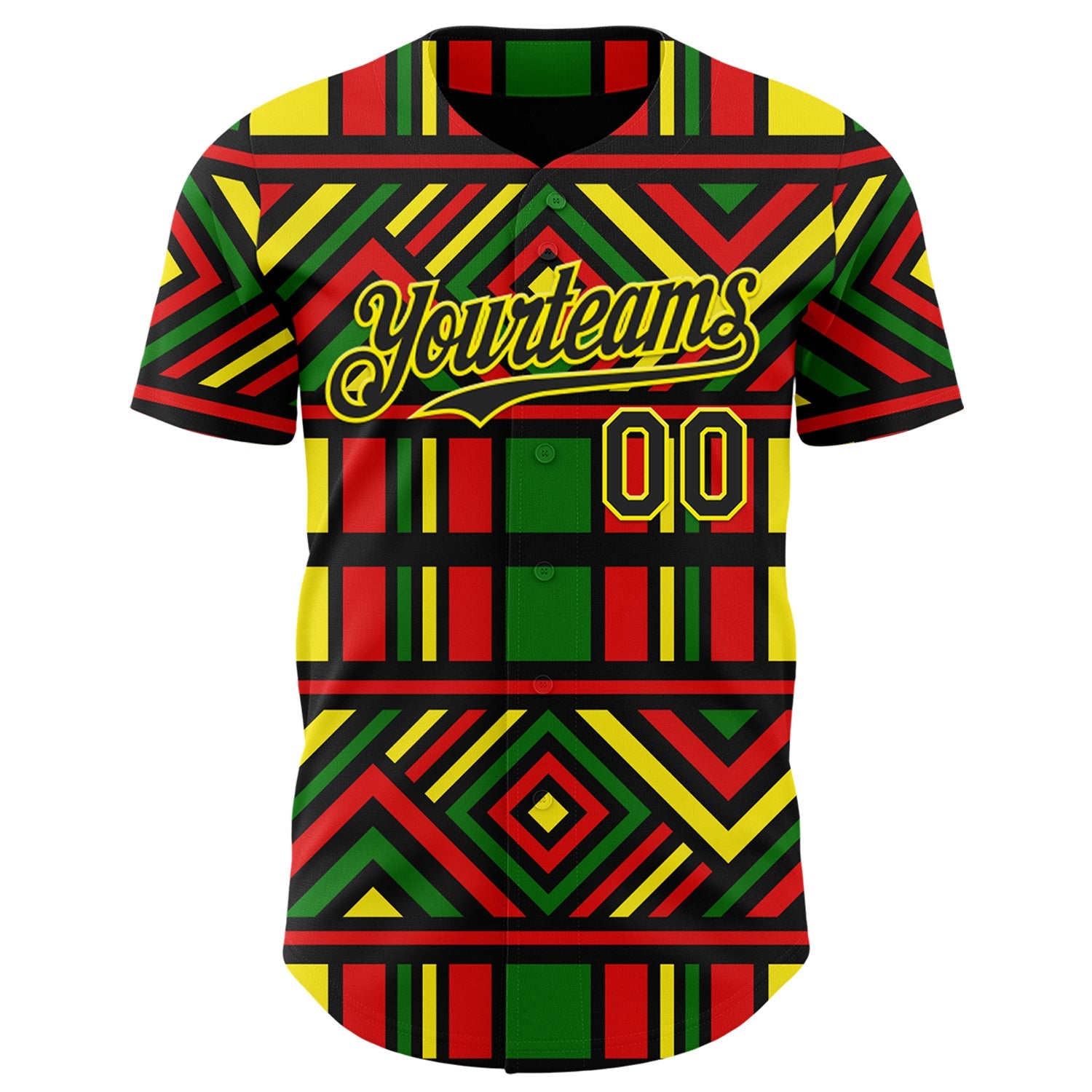 Custom Green Black Red-Light Yellow 3D Pattern Design Black History Month African Ethnicity Style Abstract Geometric Authentic Baseball Jersey view 2
