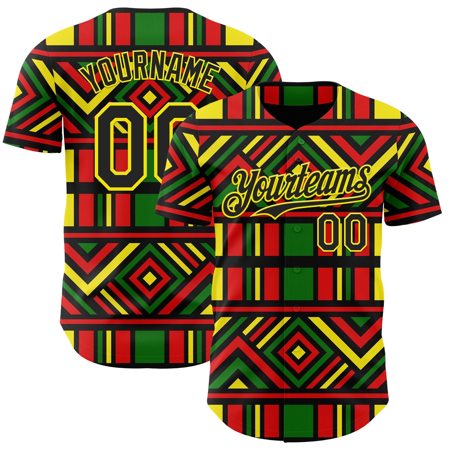 Custom Green Black Red-Light Yellow 3D Pattern Design Black History Month African Ethnicity Style Abstract Geometric Authentic Baseball Jersey - Main View