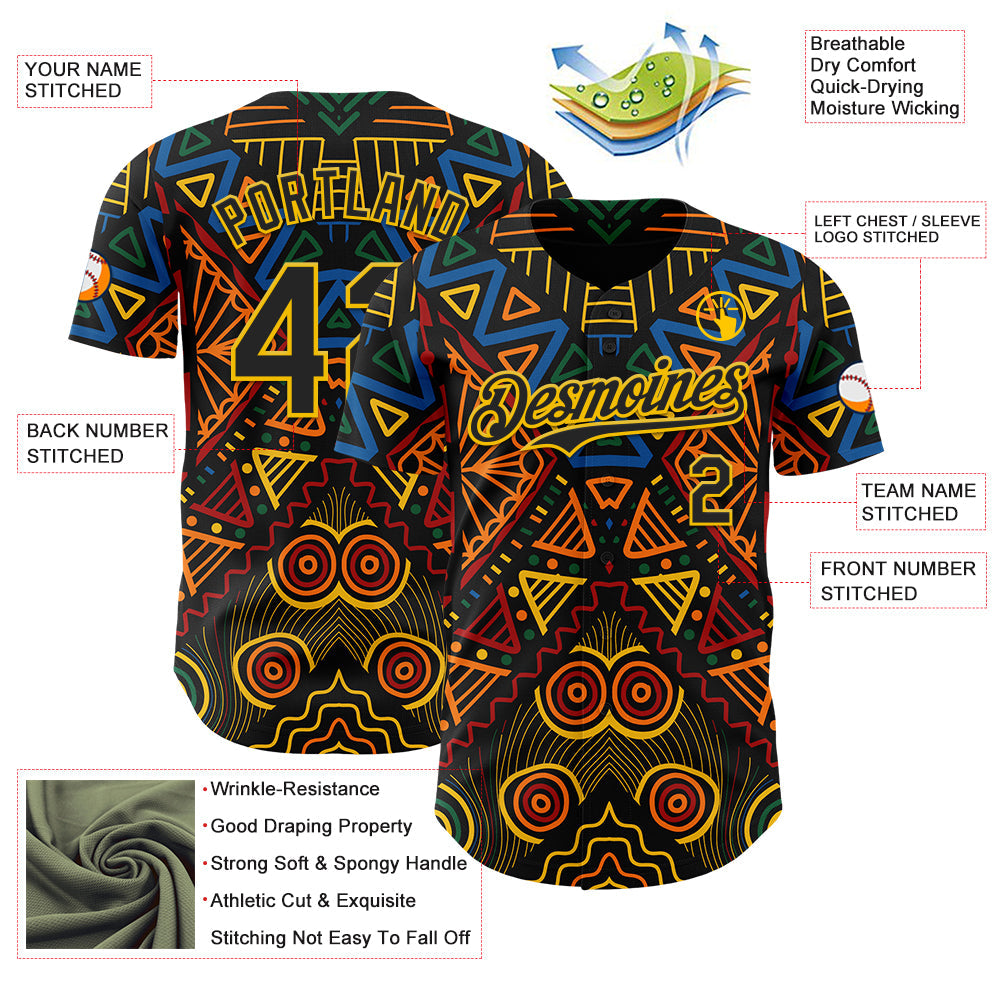 Custom Black Green Yellow Red-Blue 3D Pattern Design Black History Month African Ethnicity Style Abstract Geometric Authentic Baseball Jersey view 3