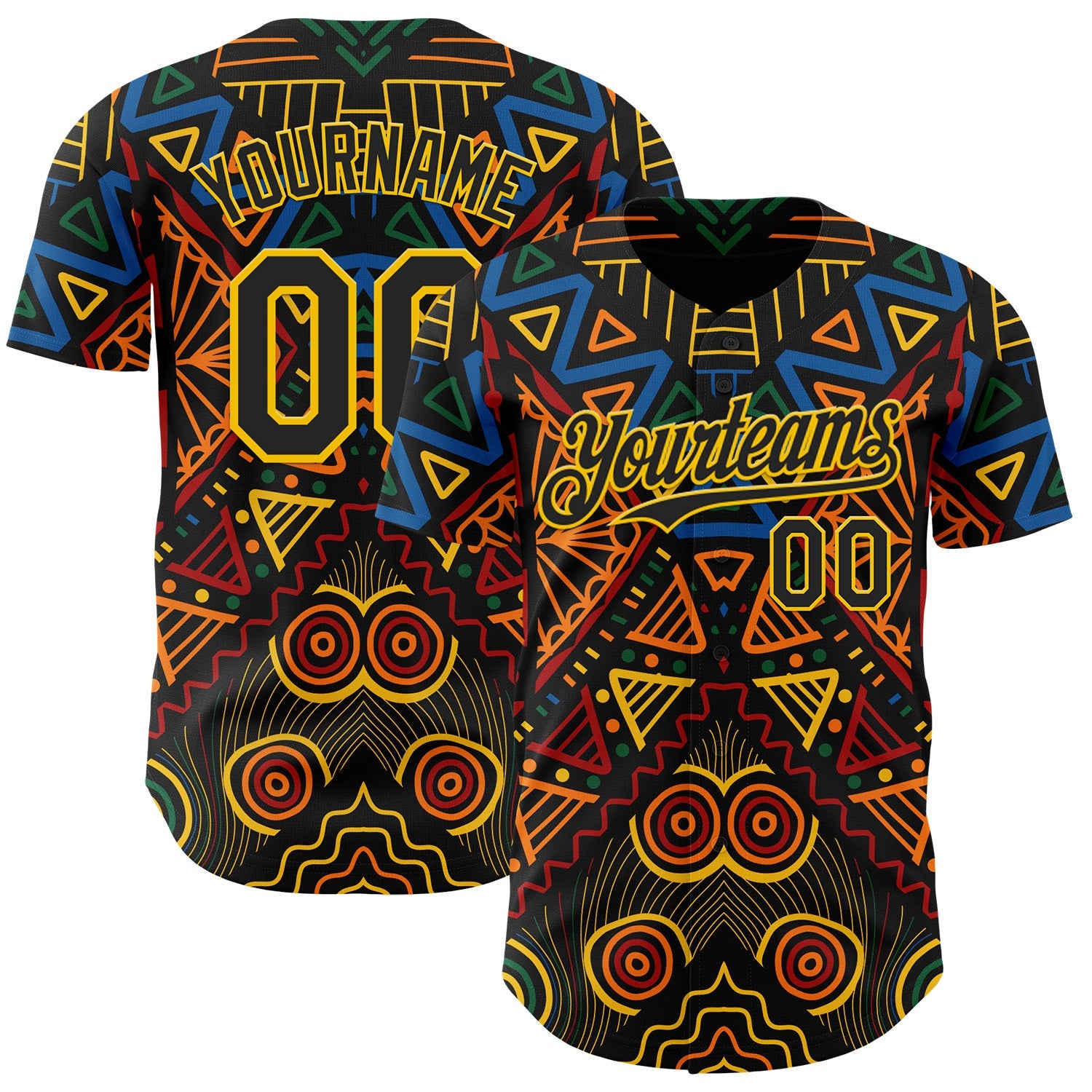 Custom Black Green Yellow Red-Blue 3D Pattern Design Black History Month African Ethnicity Style Abstract Geometric Authentic Baseball Jersey - Main View