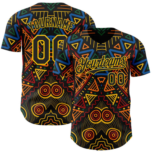 Custom Black Green Yellow Red-Blue 3D Pattern Design Black History Month African Ethnicity Style Abstract Geometric Authentic Baseball Jersey - Main View