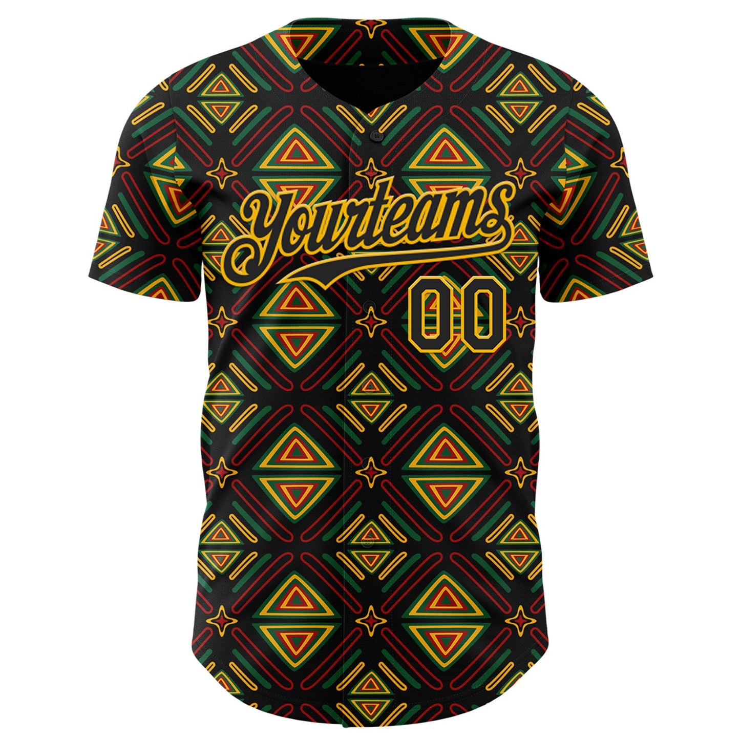 Custom Black Green Red-Gold 3D Pattern Design Black History Month African Ethnicity Style Abstract Geometric Authentic Baseball Jersey view 2
