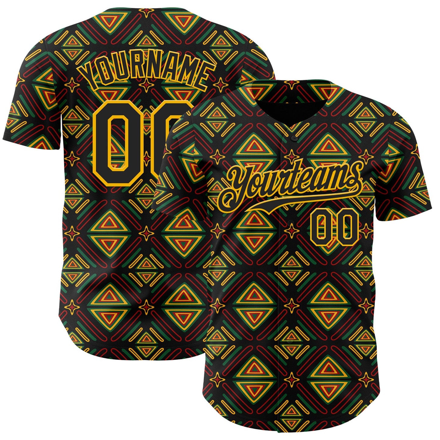 Custom Black Green Red-Gold 3D Pattern Design Black History Month African Ethnicity Style Abstract Geometric Authentic Baseball Jersey - Main View