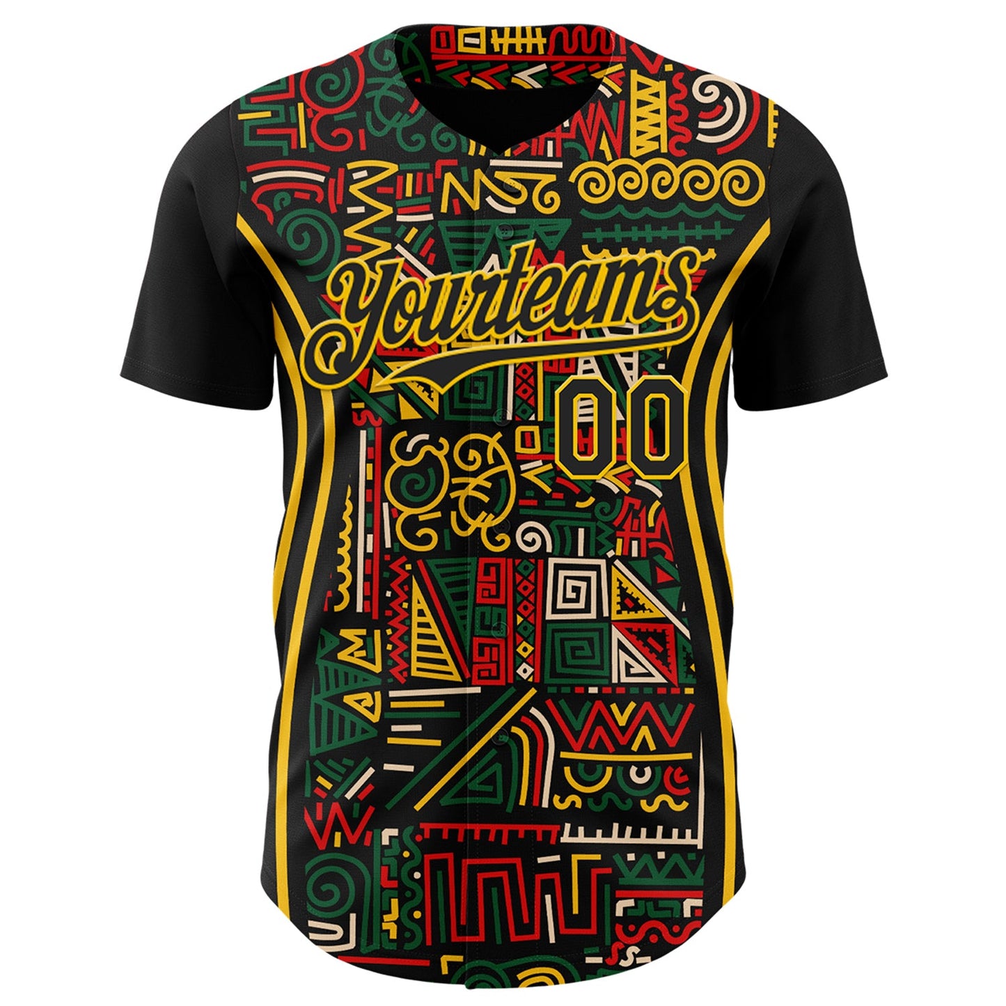 Custom Black Yellow Green-Red 3D Pattern Design Black History Month African Ethnicity Style Abstract Geometric Authentic Baseball Jersey view 2