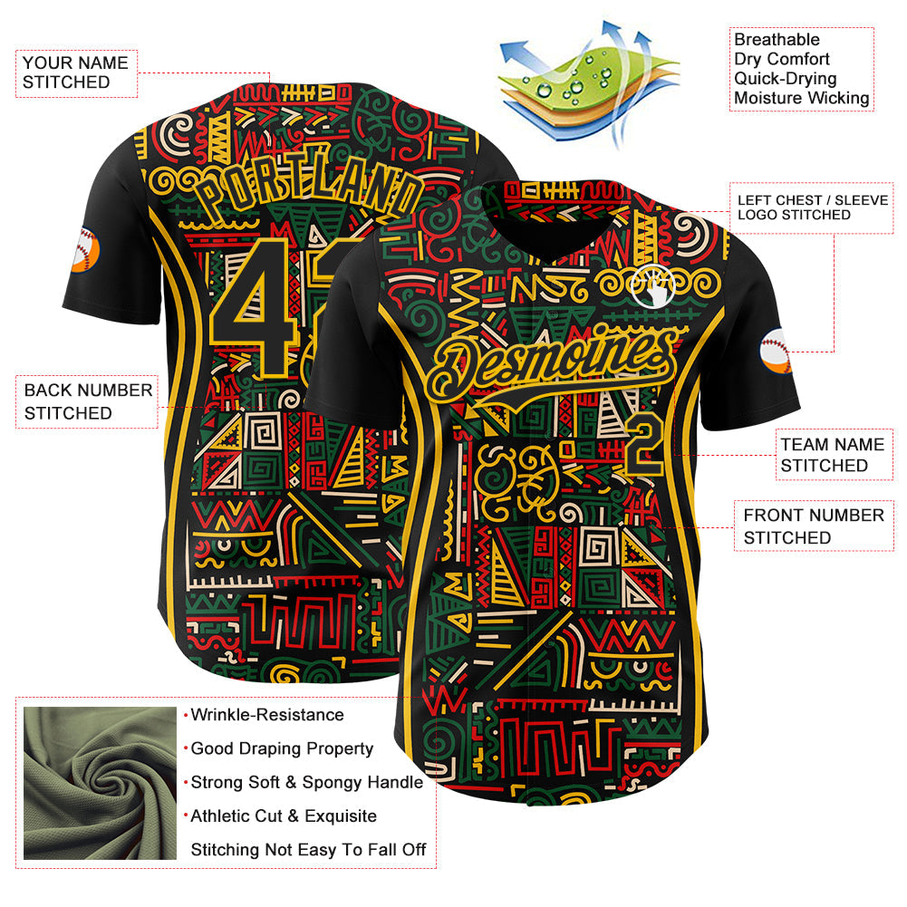 Custom Black Yellow Green-Red 3D Pattern Design Black History Month African Ethnicity Style Abstract Geometric Authentic Baseball Jersey view 3