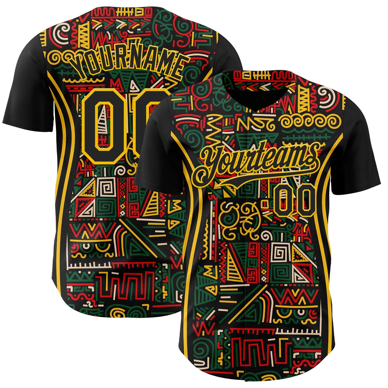Custom Black Yellow Green-Red 3D Pattern Design Black History Month African Ethnicity Style Abstract Geometric Authentic Baseball Jersey - Main View